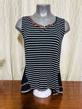 Pebble & Stone Black & White Striped Tank with Peplum and Floral Trim